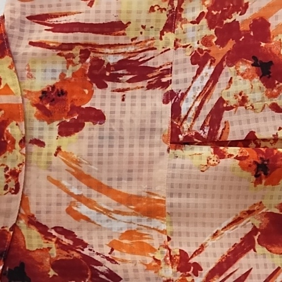 Pink Coral Burgundy Orange Abstract Floral & Check Shirt Roll Tab Sleeve - Picture 12 of 14